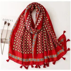 NEW Boho Floral Design Tasseled Rectangle Soft Chic Scarf Large Red Yellow Blue